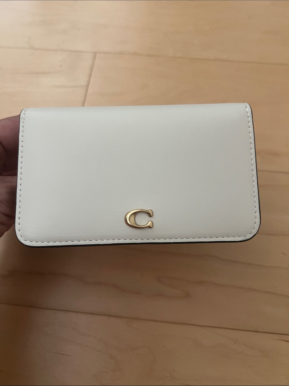Coach Cream Leather Compact Wallet with Gold C Emblem
